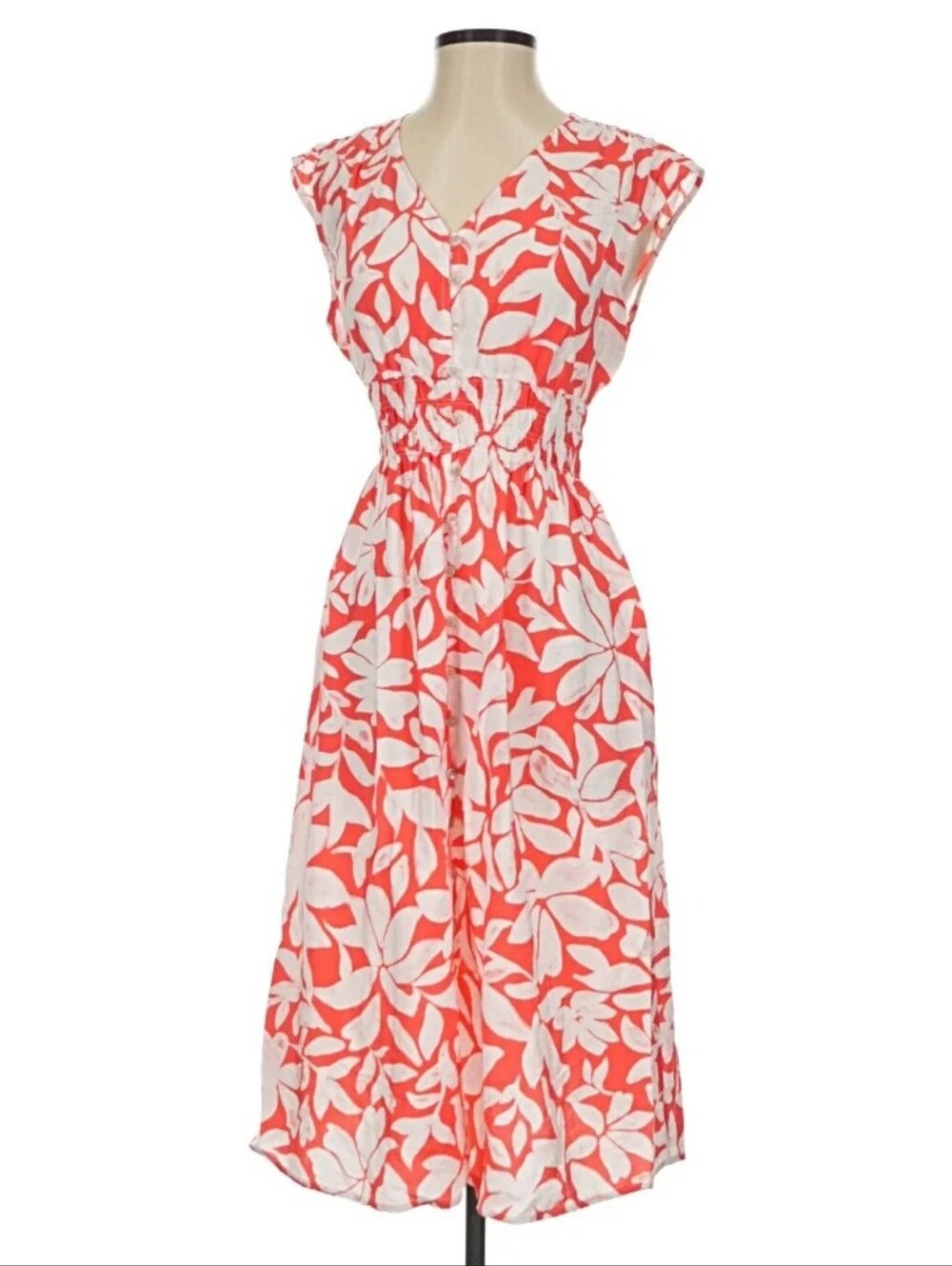 Women's Orange and White Floral V-Neck Dress